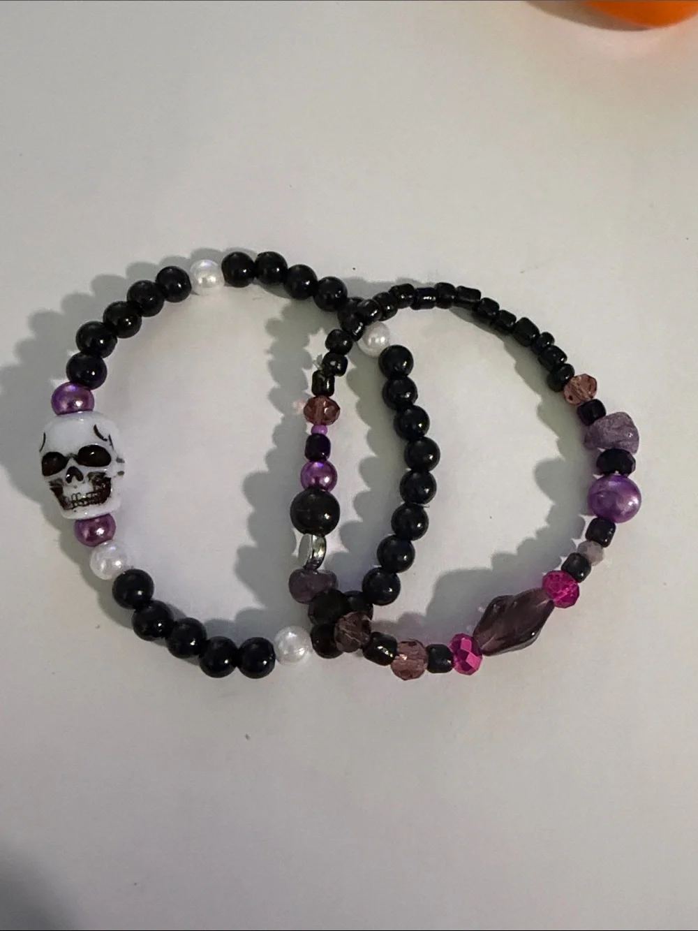 Edgy Black and Purple Beaded Skull Stretch Bracelet Set